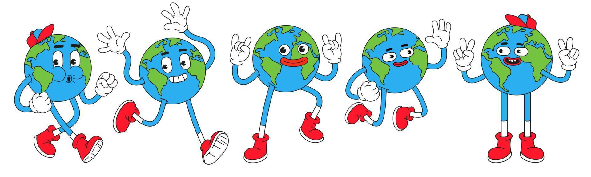 Earth characters in trendy retro cartoon style. Funny globe with smiley face. vector