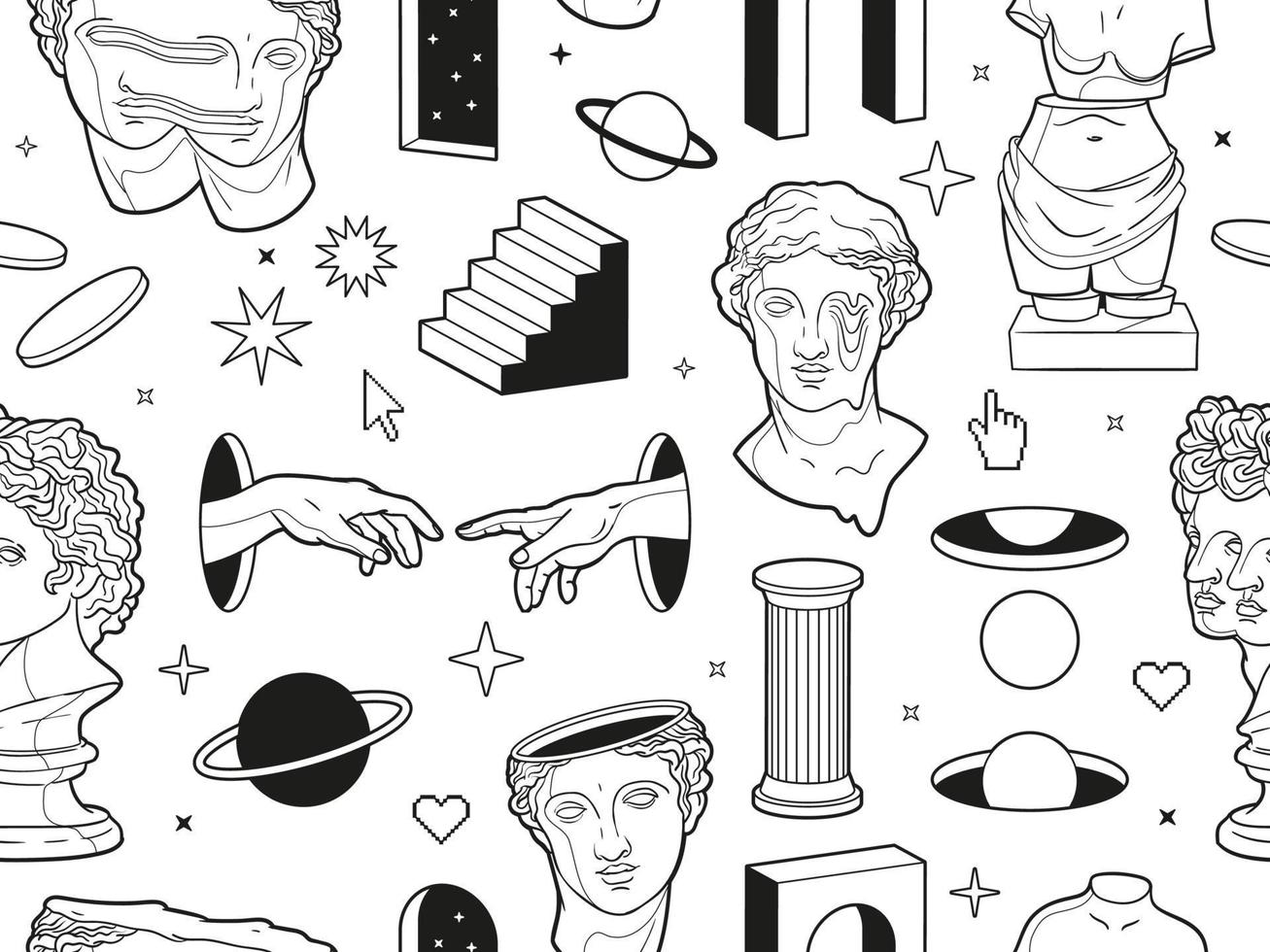 Greek ancient statues and surreal elements in trendy psychedelic style. Seamless vector pattern.