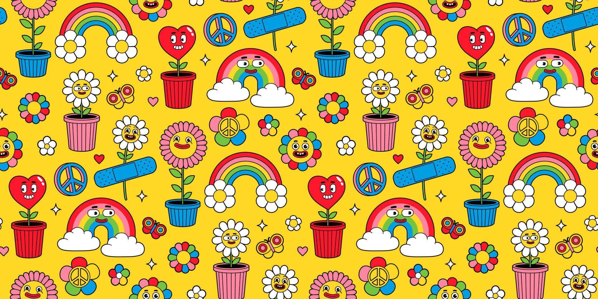 Groovy seamless pattern in trendy retro cartoon style. Funny Earth, rainbow, heart, flower, daisy. vector