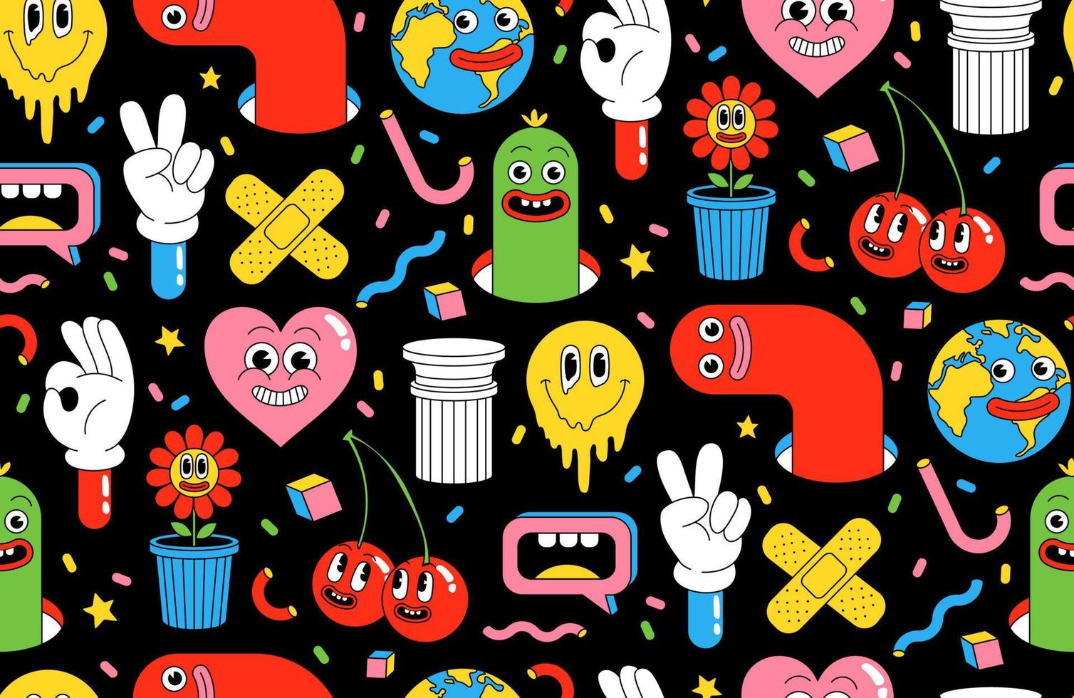 Cartoon characters background. Seamless pattern with funny stickers and patches in trendy retro cartoon style. 12497660 Vector Art at Vecteezy Cartoon characters background. Seamless pattern with funny stickers and patches in trendy retro cartoon style. 12497660 Vector Art at Vecteezy