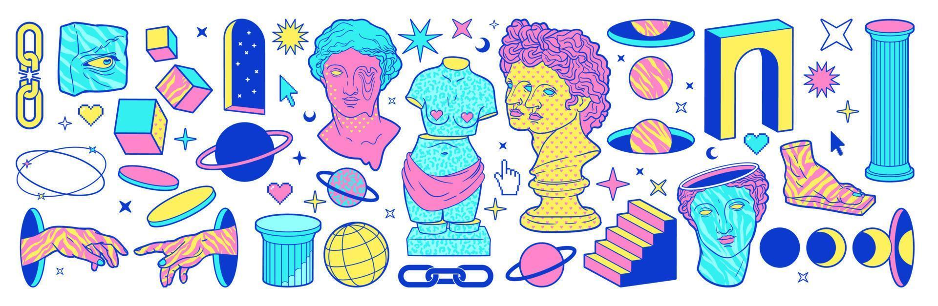 Psychedelic sticker pack with colorful greek statues, ancient sculpture, column and surreal elements. vector