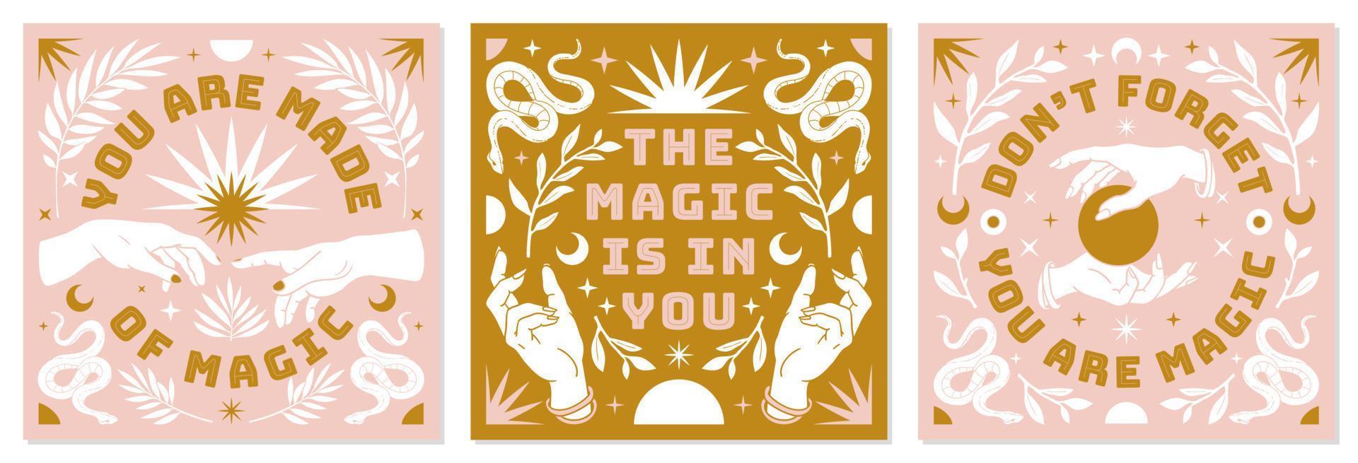 Boho mystical posters with inspirational quotes about energy, magic and good vibes in trendy bohemian style. vector