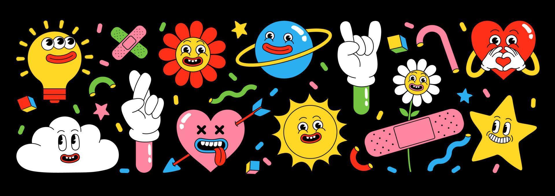 divertido paquete de pegatinas de dibujos animados. corazón, sol, planeta, baya, caras abstractas, etc. vector