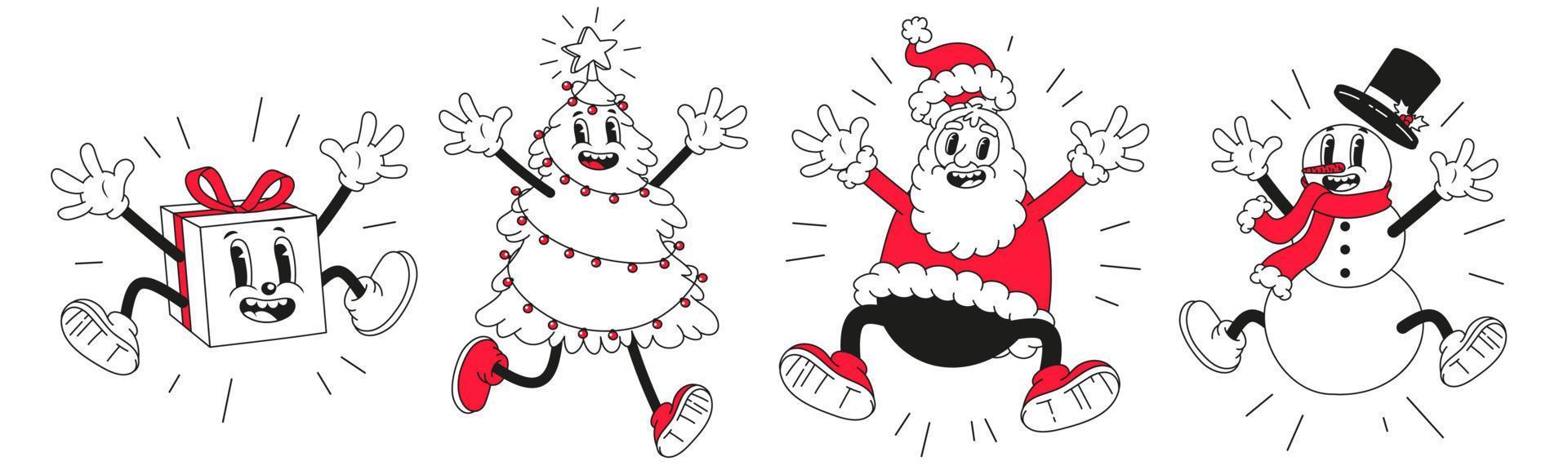 personajes de dibujos animados de navidad. divertido muñeco de nieve, santa claus en estilo de dibujos animados retro de moda. vector