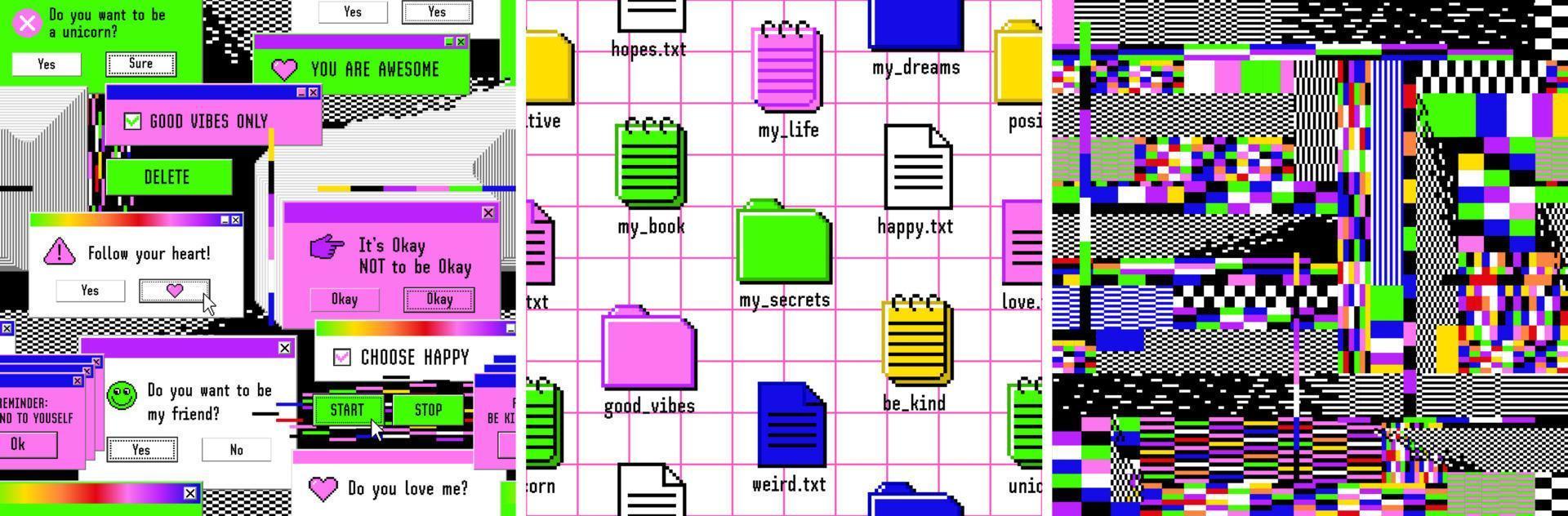 Old computer aestethic 1990s. Seamless patterns with retro pc element and user interface. Pixel art. vector