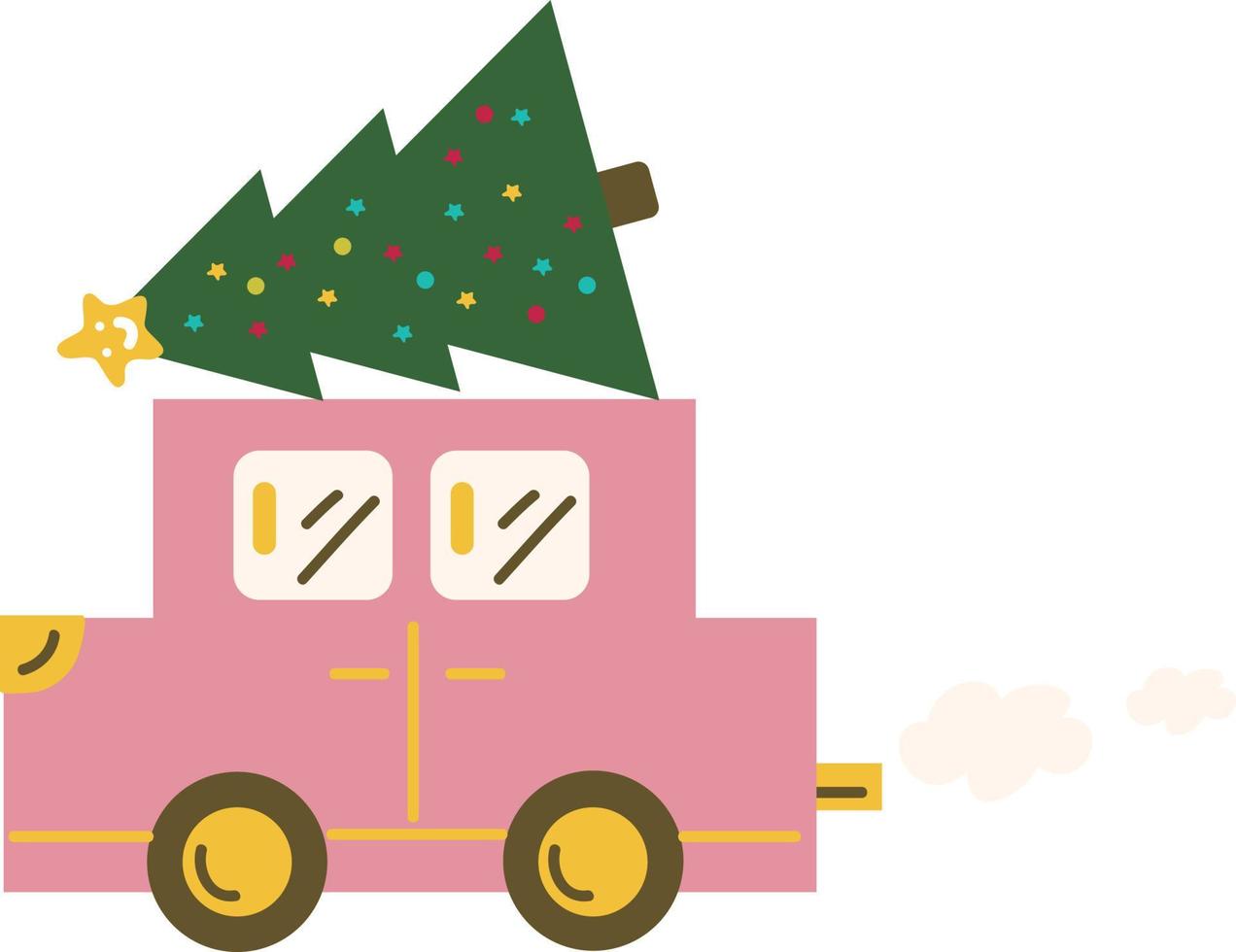 Merry Christmas and Happy New Year. Red retro convertible carrying Christmas tree. Vintage banners, modern posters, holiday flyers, brochures. winter vector illustration