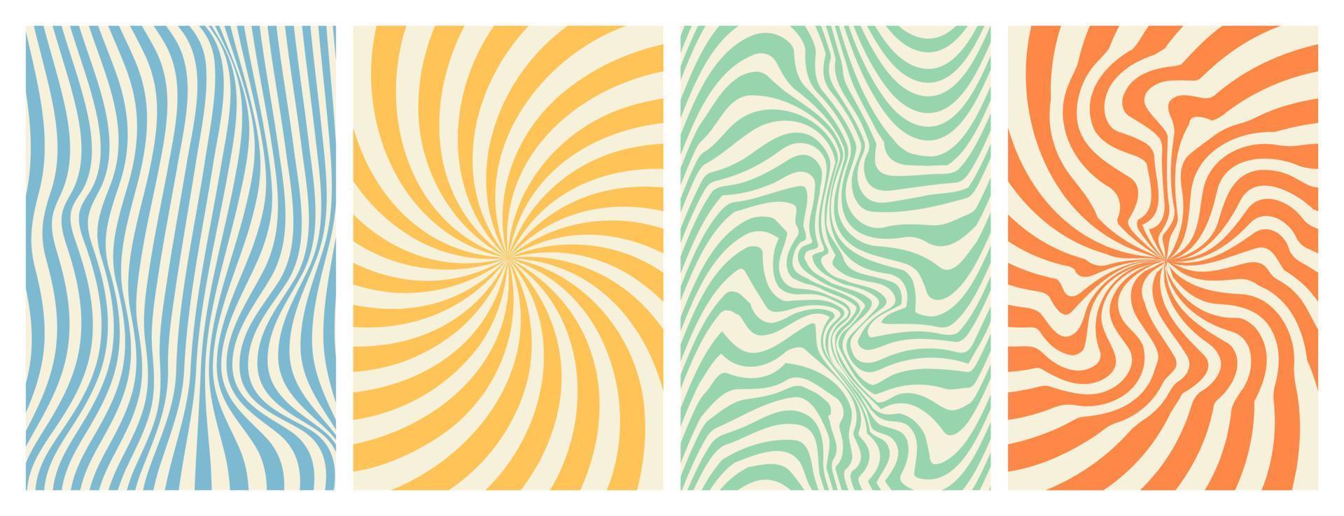 Groovy hippie 70s backgrounds. Waves, swirl, twirl pattern in trendy retro psychedelic style. vector