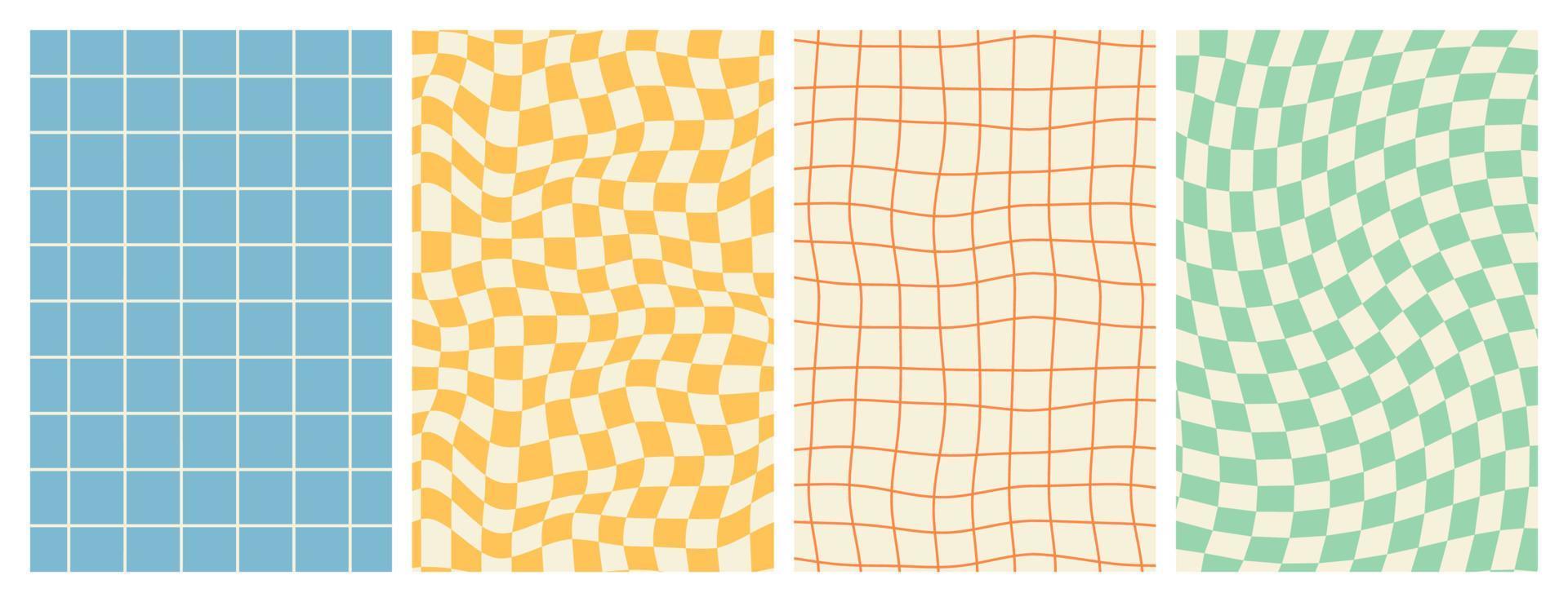 Groovy hippie 70s backgrounds. Checkerboard, chessboard, mesh, waves patterns in trendy retro style. vector