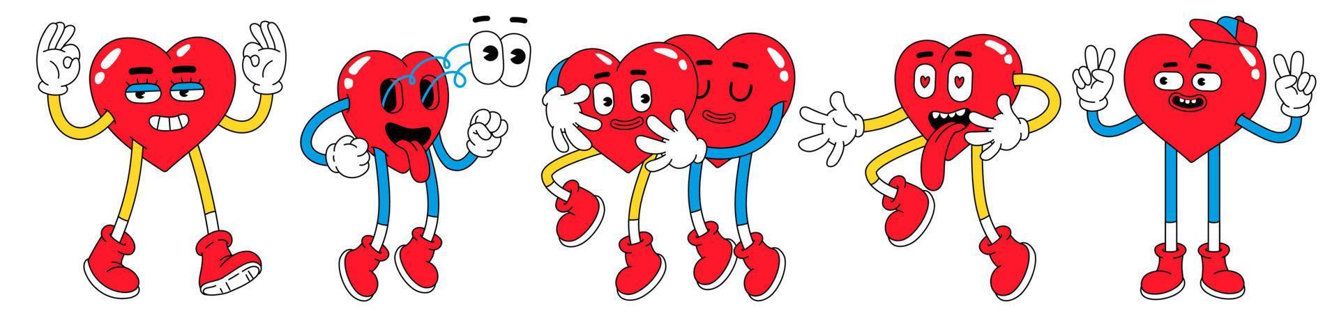 Hearts funny cartoon characters. Valentines day vector illustrations in trendy retro cartoon style. Love concept.