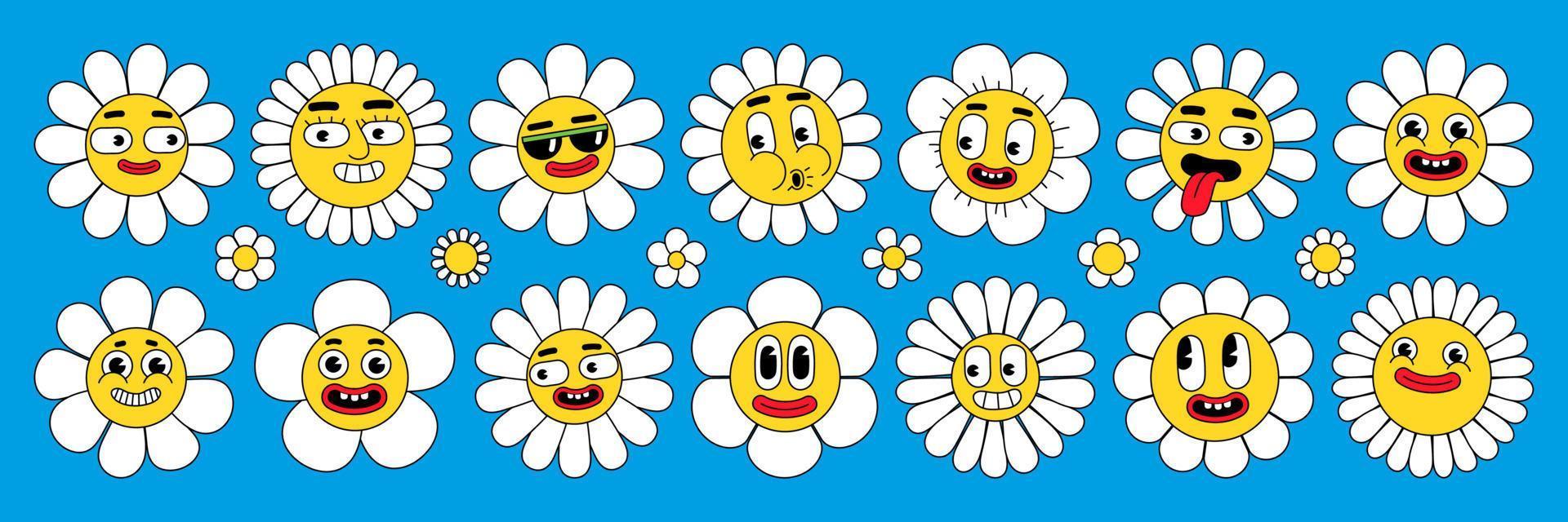 personajes de flores maravillosas. Margarita divertida con sonrisa. paquete de pegatinas en estilo hippie de dibujos animados retro de moda. vector