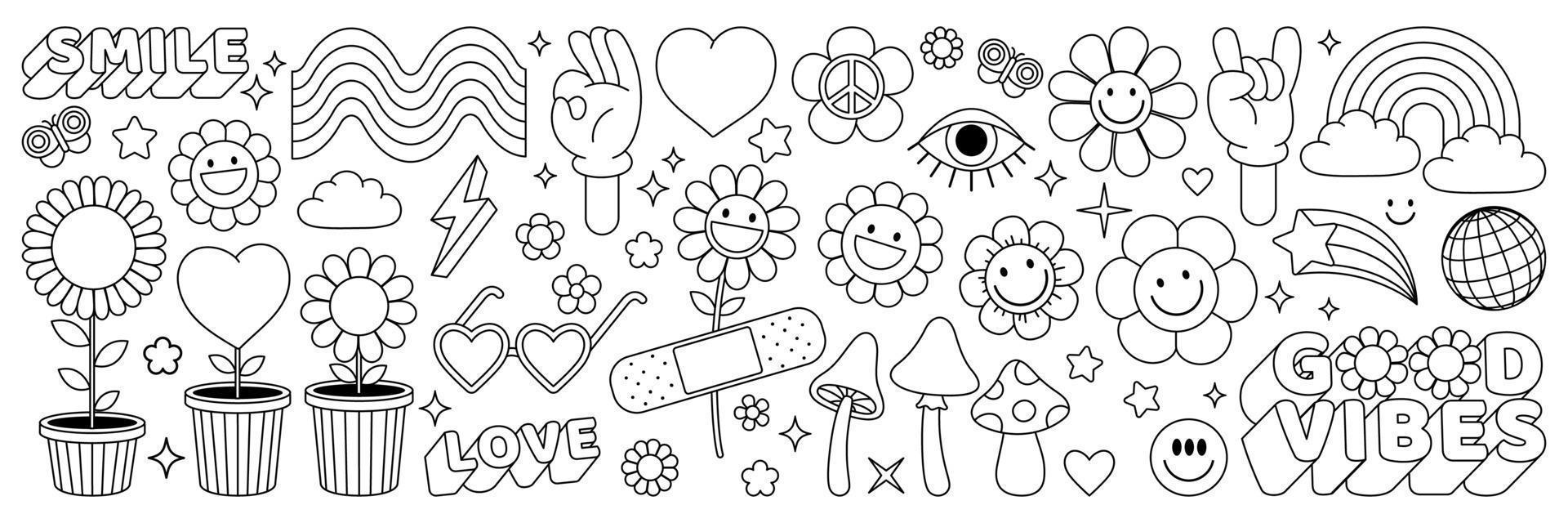 Groovy hippie 70s stickers. Funny cartoon flower, rainbow, peace, heart in retro psychedelic style. vector