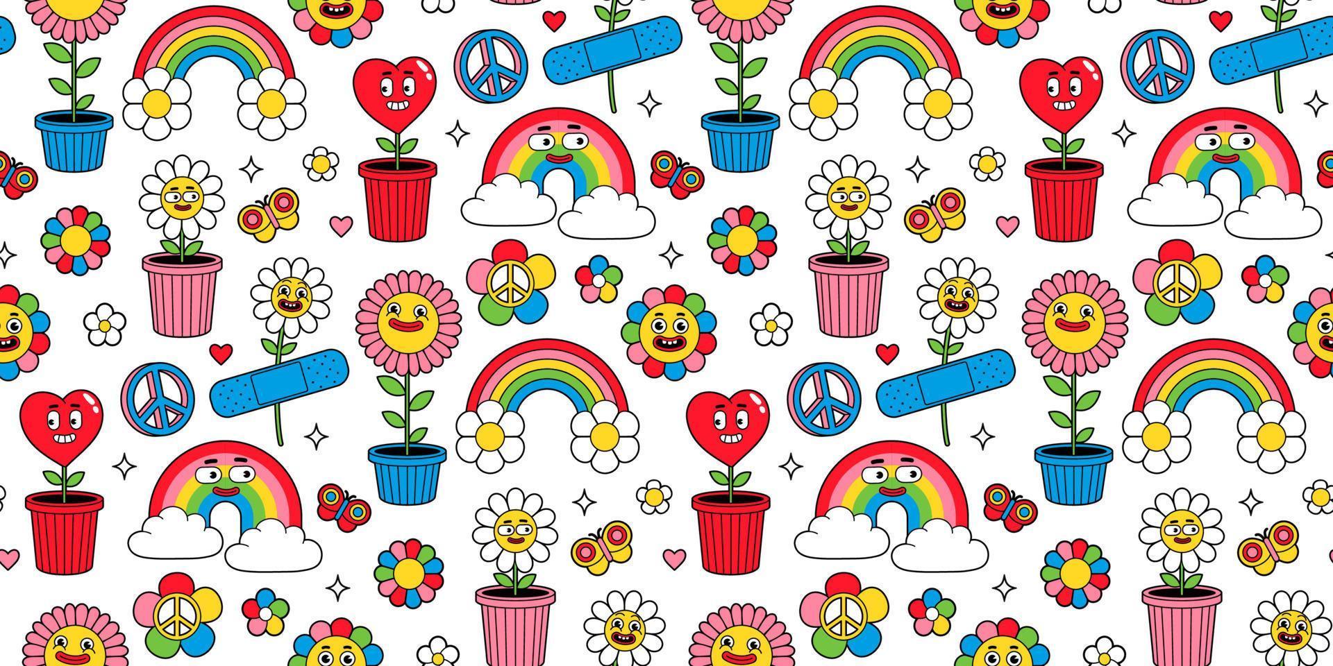 Groovy seamless pattern in trendy retro cartoon style. Funny Earth, rainbow, heart, flower, daisy. vector