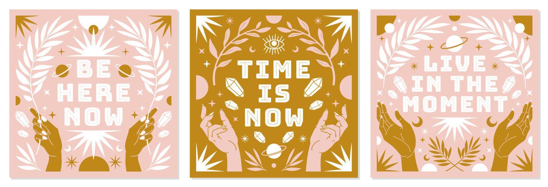 Boho celestial vector posters with inspirational quotes in trendy bohemian style. Tarot magic card.