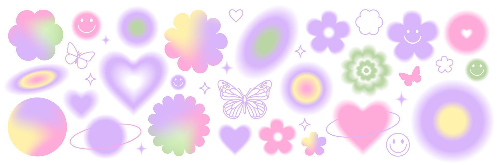Y2k blurred gragient set. Butterfly, heart, daisy, abstract shape in 90s, 00s psychedelic style. vector