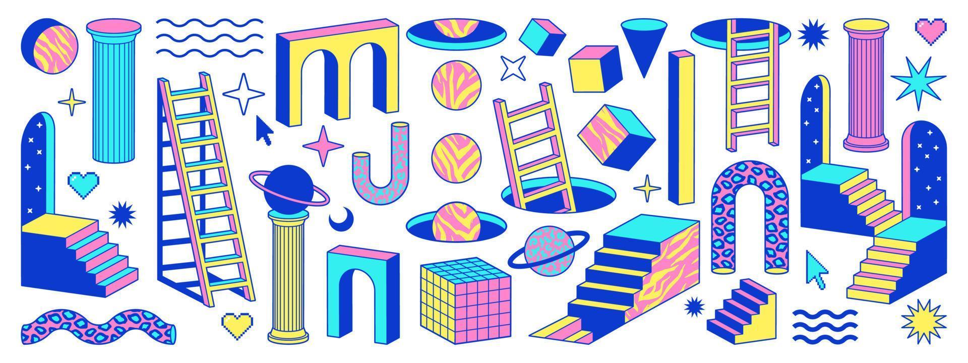 Psychedelic stickers with geometric shapes, surreal elements, arch, stairs, column. vector