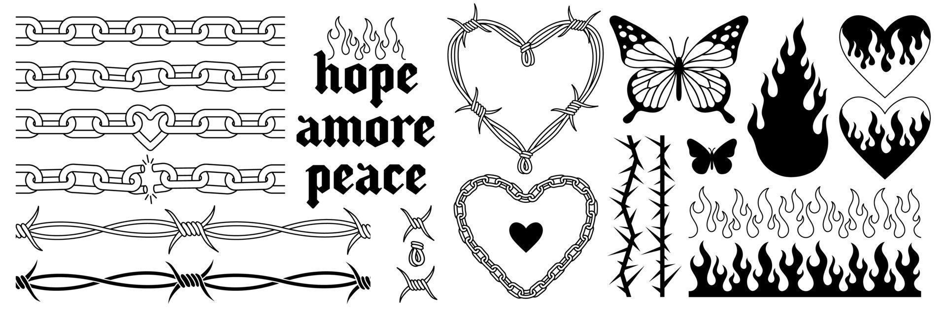 Tattoo art 1990s, 2000s. Y2k stickers. Butterfly, barbed wire, fire, flame, chain, heart. vector