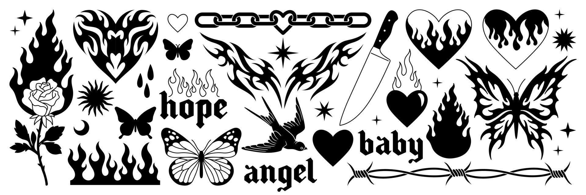 arte del tatuaje 1990, 2000. pegatinas y2k. mariposa, alambre de púas, fuego, llama, cadena, corazón. vector