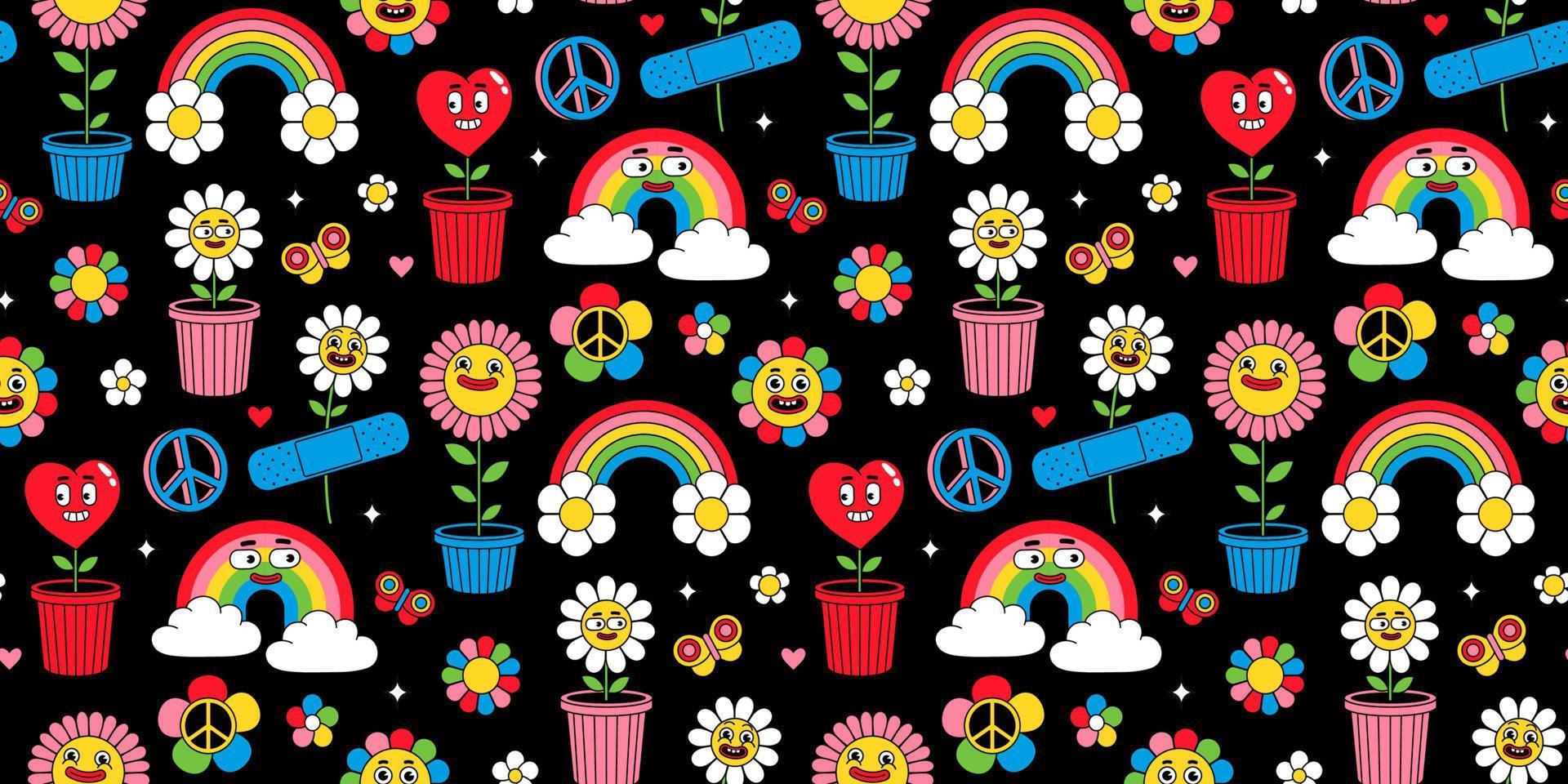 Groovy seamless pattern in trendy retro cartoon style. Funny Earth, rainbow, heart, flower, daisy. vector