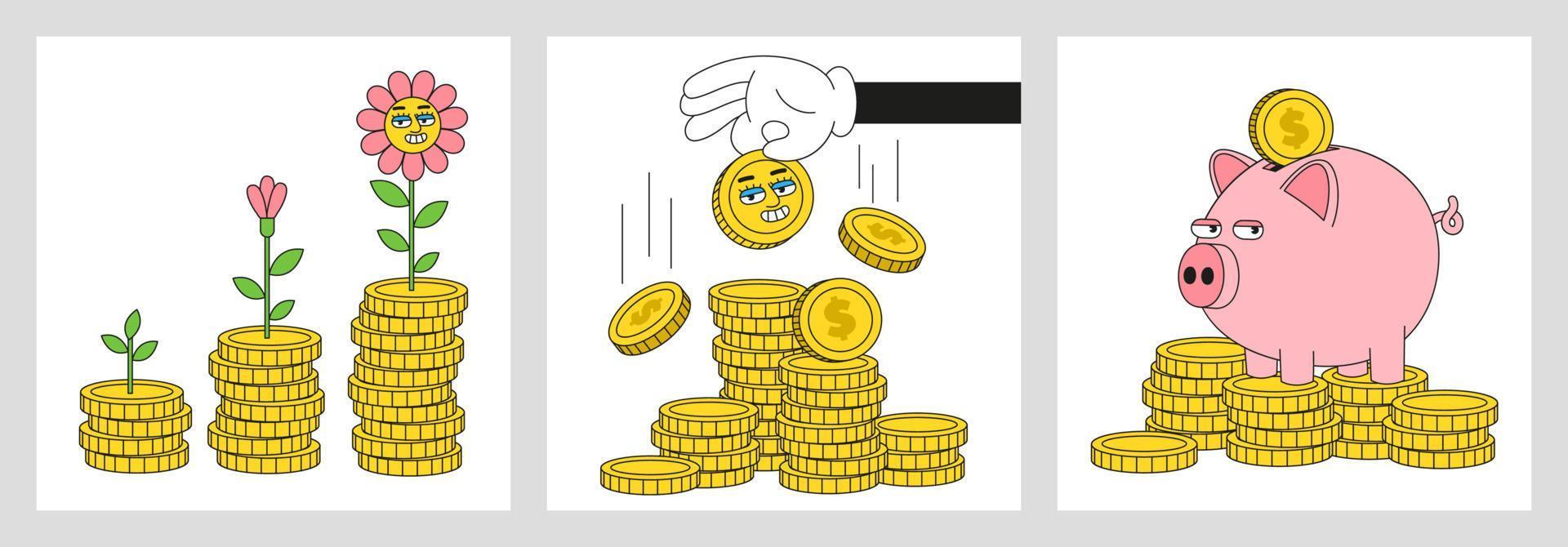 Money, finance, business, investment vector illustrations with funny cartoon abstract characters.