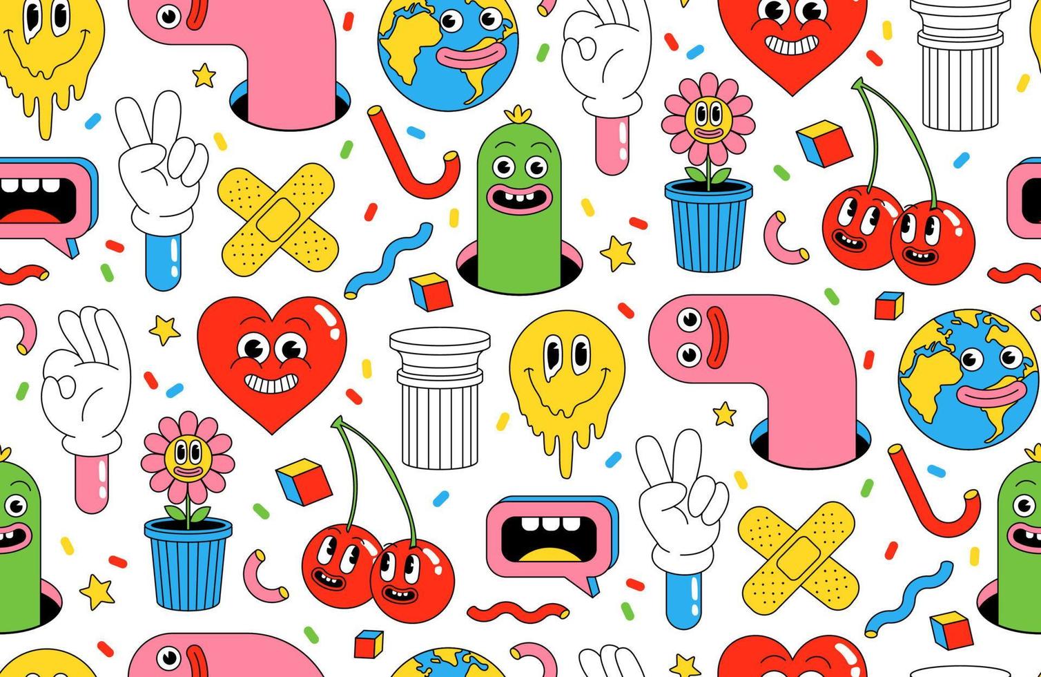 Cartoon characters background. Seamless pattern with funny stickers and patches in trendy retro cartoon style. vector