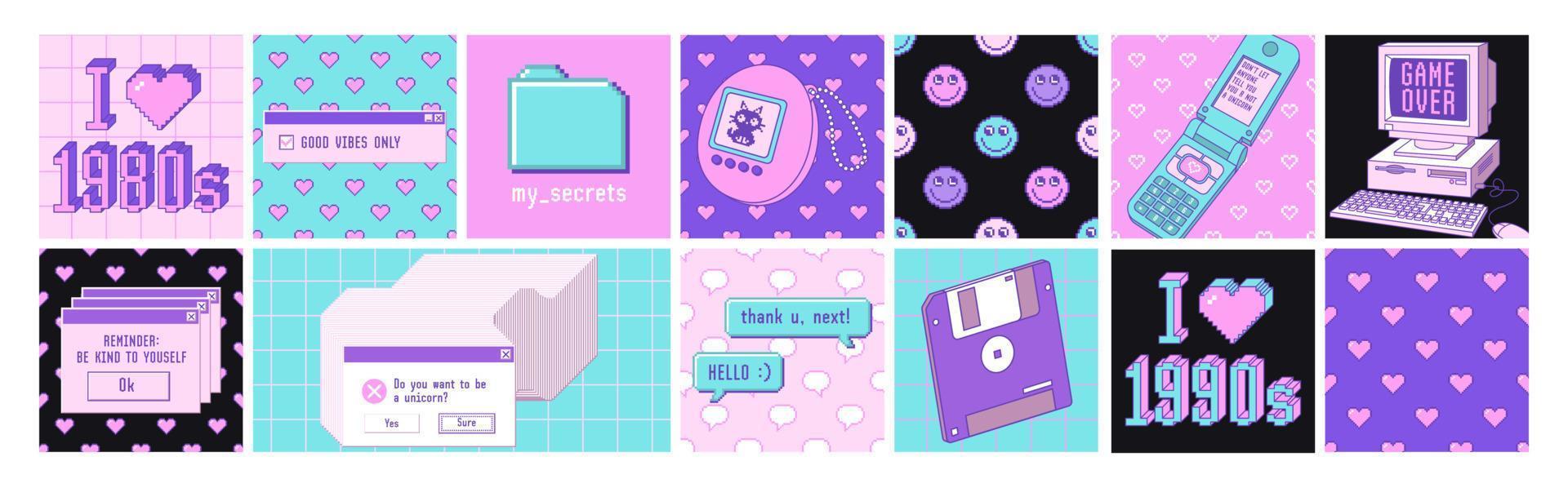 Old computer aesthetic 1980s -1990s. Square posters. Sticker pack with retro pc elements. vector