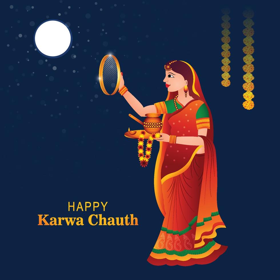 feliz tarjeta del festival karwa chauth con fondo de celebración de mujer india vector