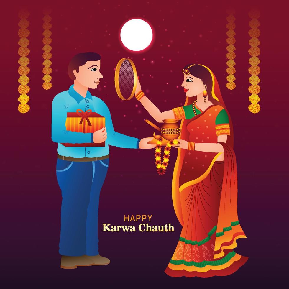 Happy karwa chauth festival card with indian copule celebration card