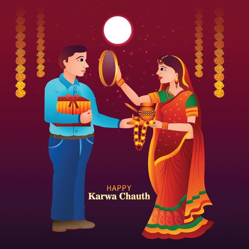 Happy karwa chauth festival card with indian copule celebration card background vector