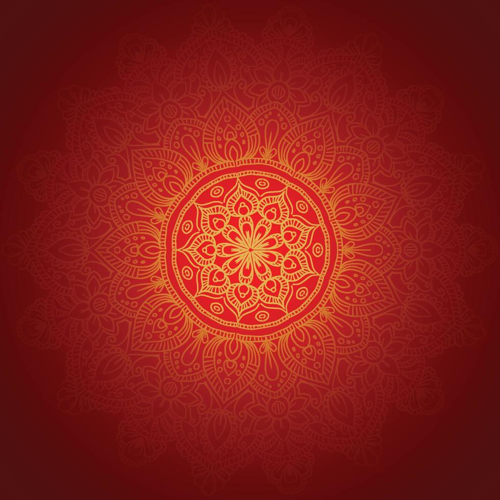 mandala dorado decorativo sobre fondo rojo vector