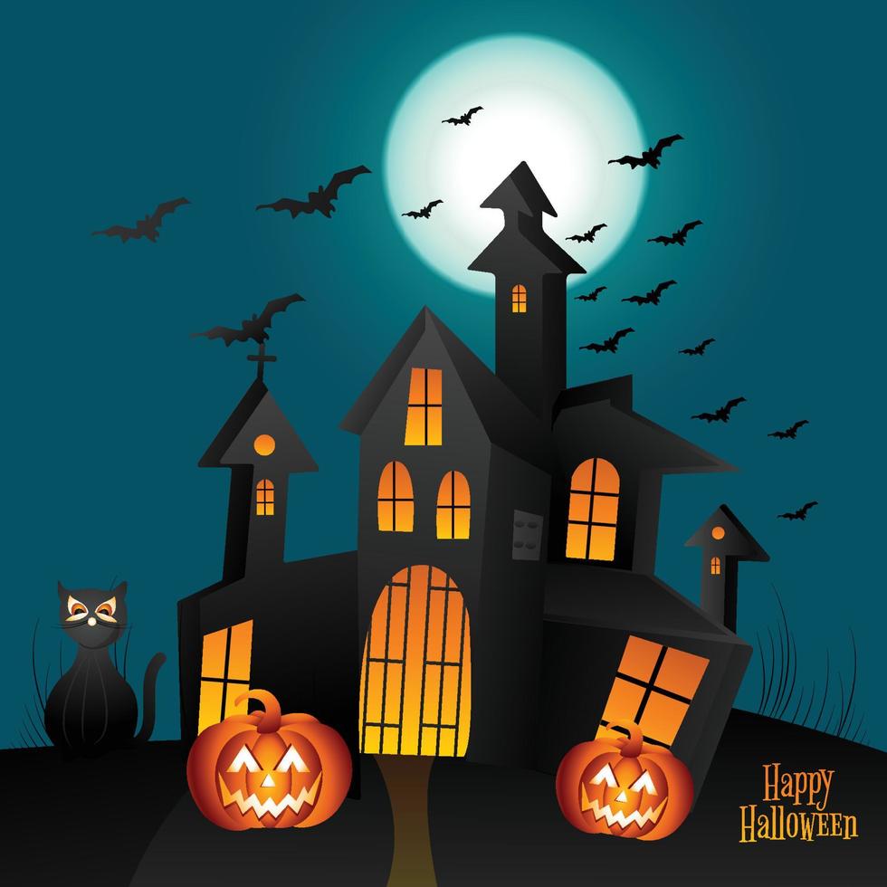 Halloween pumpkins spooky haunted house with moonlight background vector