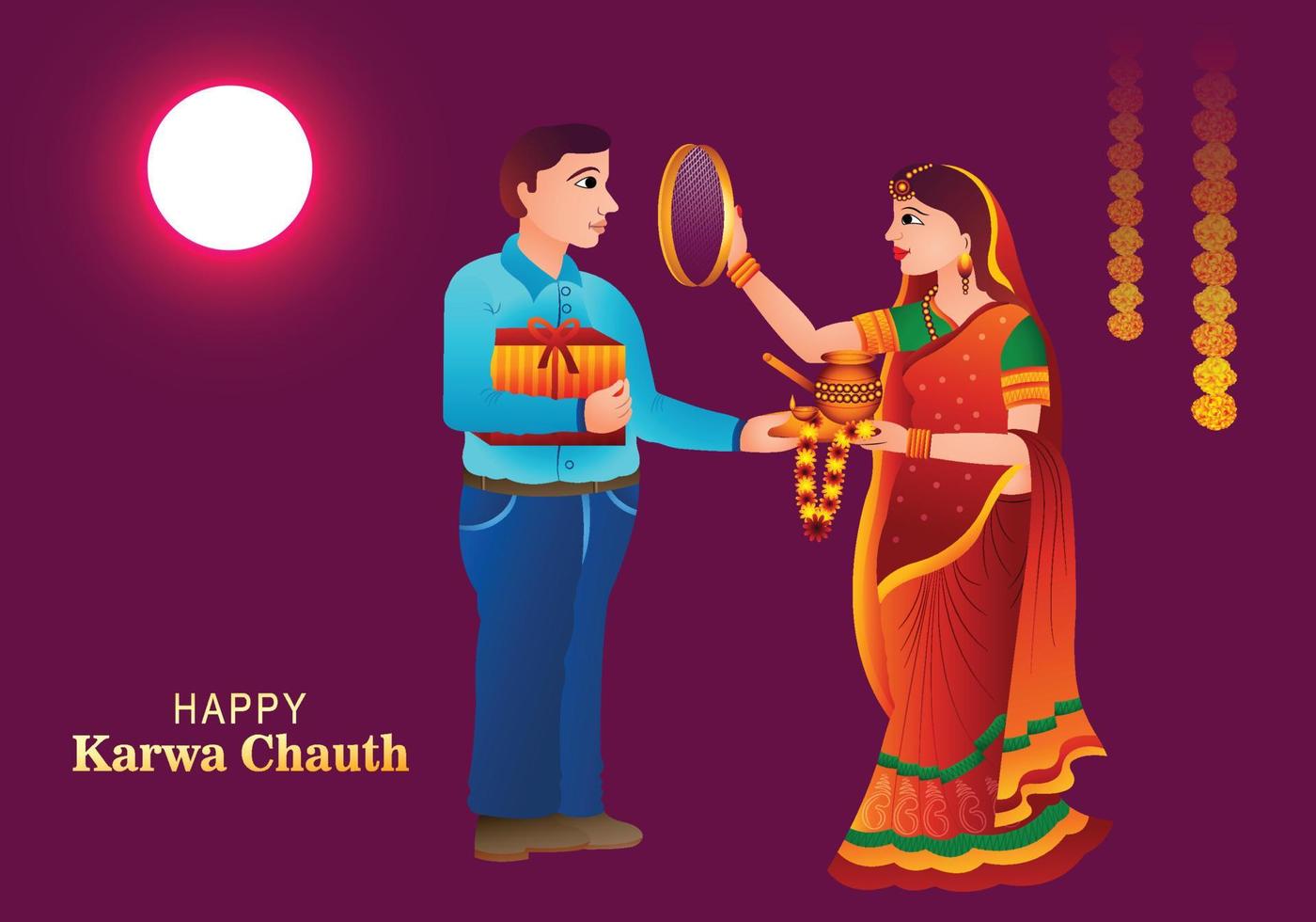 Happy karwa chauth festival card with indian copule celebration card background vector