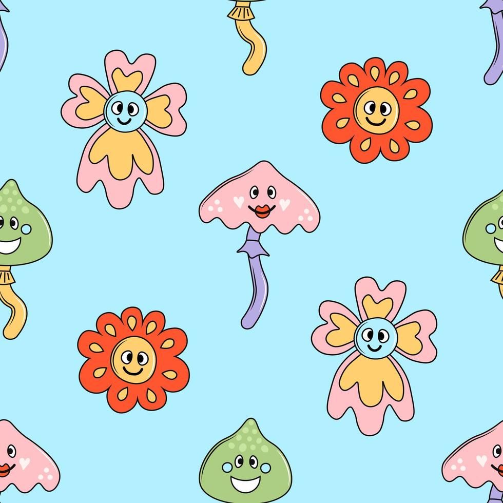 y2k seamless pattern with funny mushrooms and flowers vector