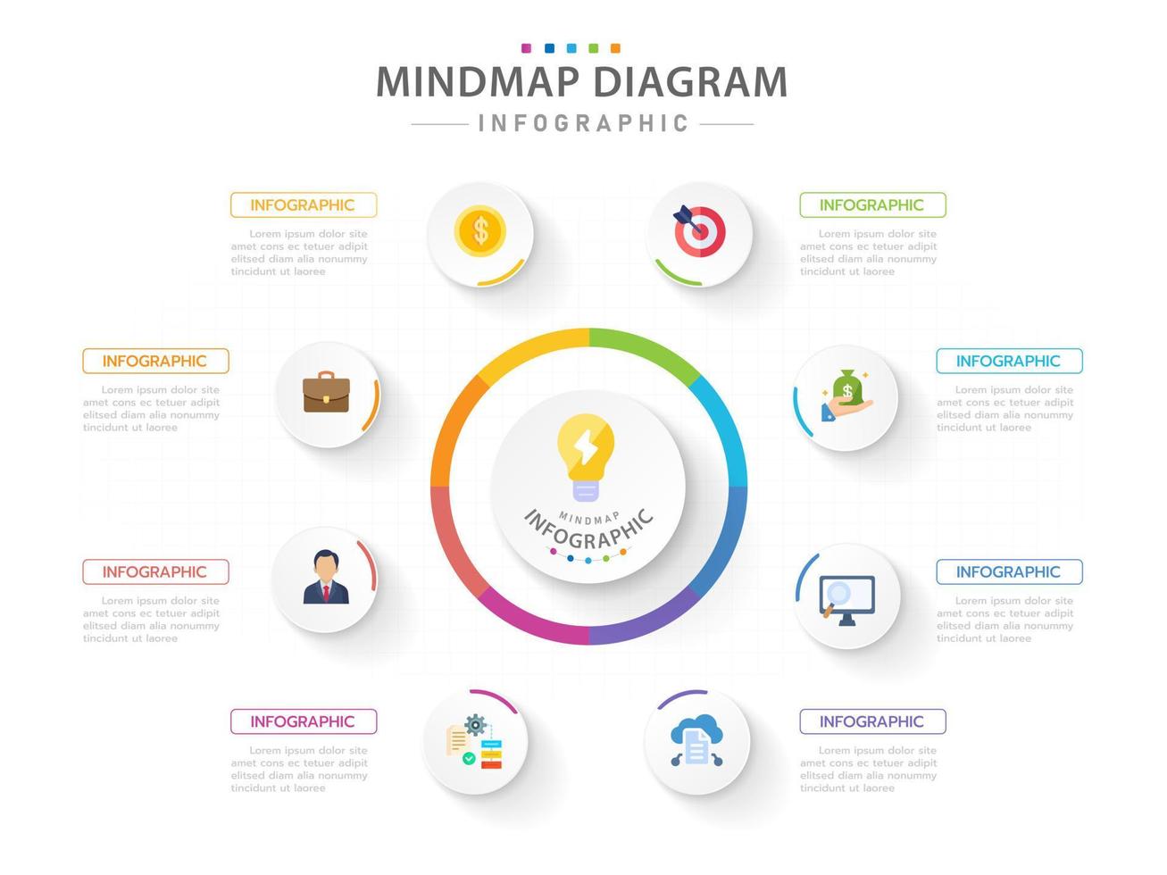 plantilla infográfica para negocios. Diagrama de mapa mental moderno de 8 pasos con círculos y títulos de temas, infografía vectorial de presentación. vector