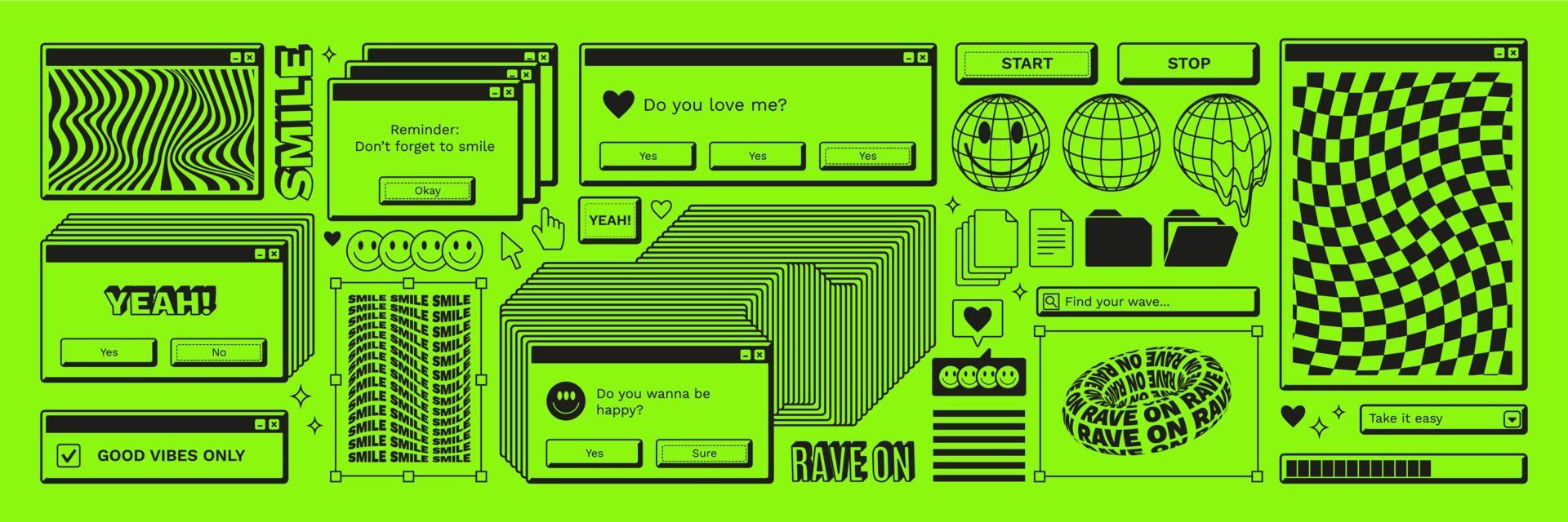 Old computer aestethic. Retro pc elements, windows, icons, smile in trendy y2k rave retro style. vector