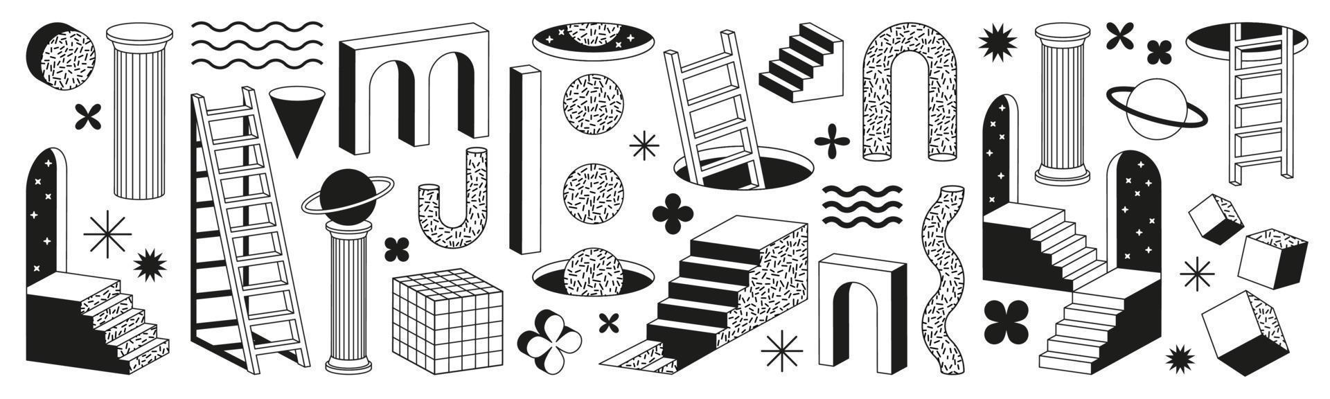 Surreal geometric shapes. Abstract vector elements and signs in trendy minimal outline style. Arch, stairs, column etc.