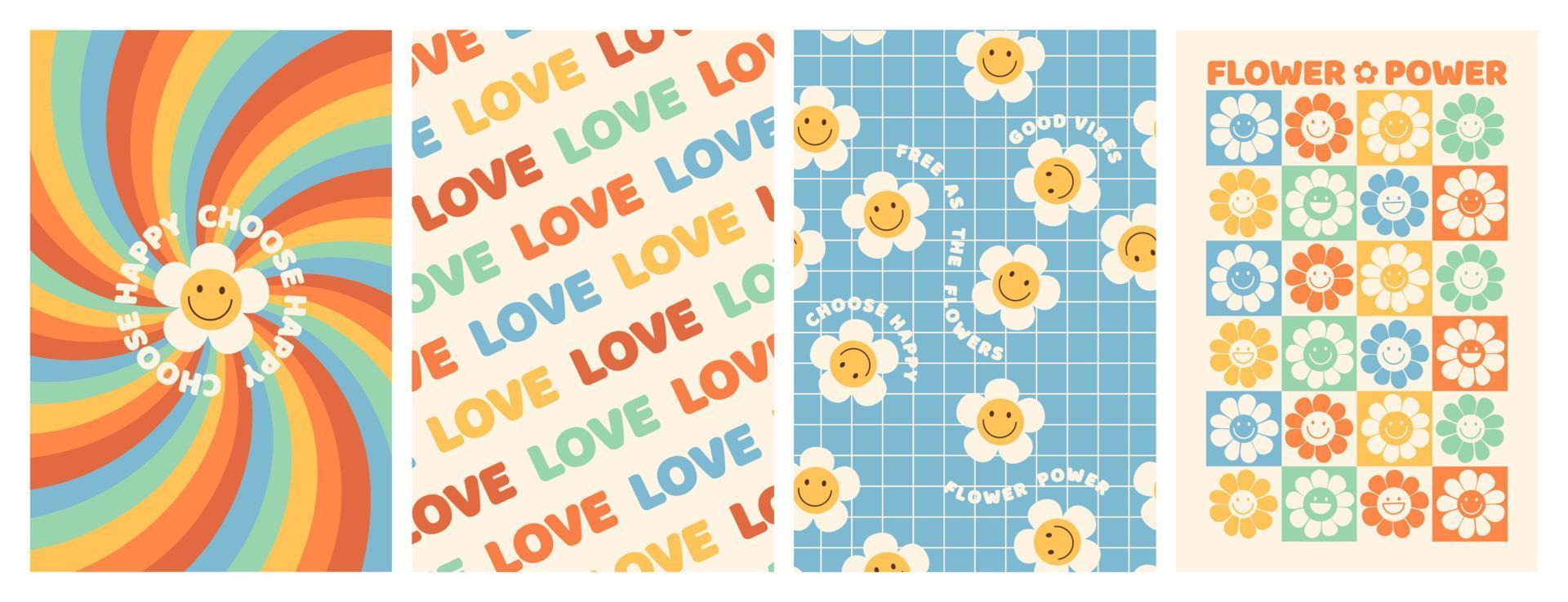 Groovy hippie 70s posters with flower, rainbow, love in trendy retro psychedelic cartoon style. vector