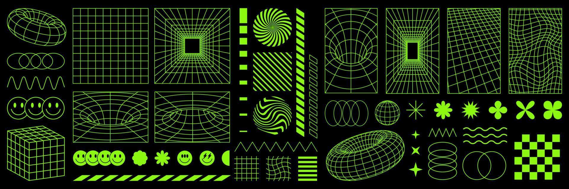 Psychedelic retro futuristic set. Surreal geometric shape, cyberpunk element and perspective grid. vector