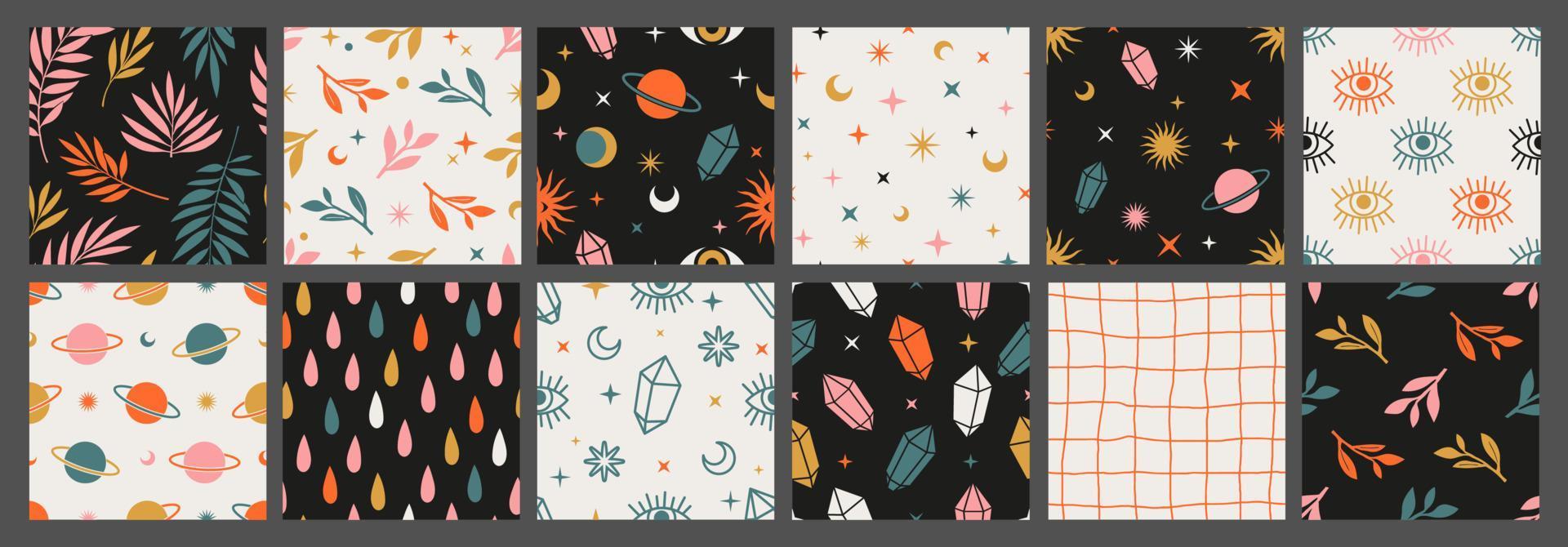 Boho celestial seamless patterns with with constellations, sun, moon, magic eyes, stars, cosmic and floral elements. vector