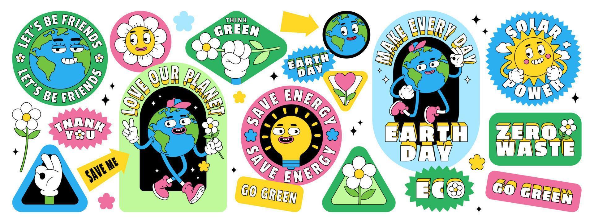 Save the planet stickers in trendy retro cartoon style. Earth Day posters. World Environment Day. vector