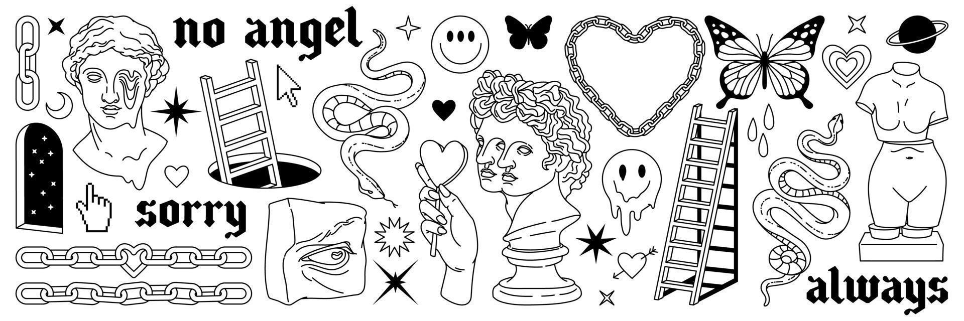 Tattoo art 1990s, 2000s. Y2k stickers. Butterfly, barbed wire, fire, flame, chain, heart. vector