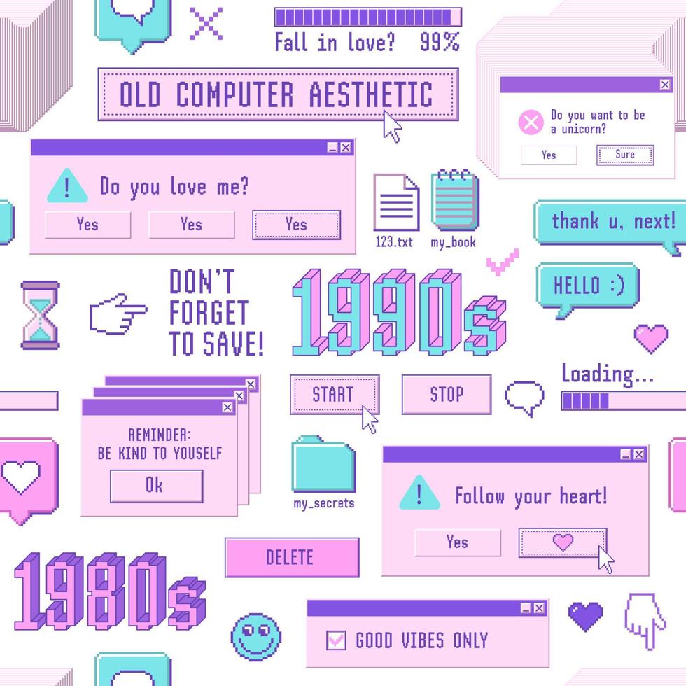 Old computer aestethic 1980s -1990s. Seamless pattern with retro pc elements and user interface. vector