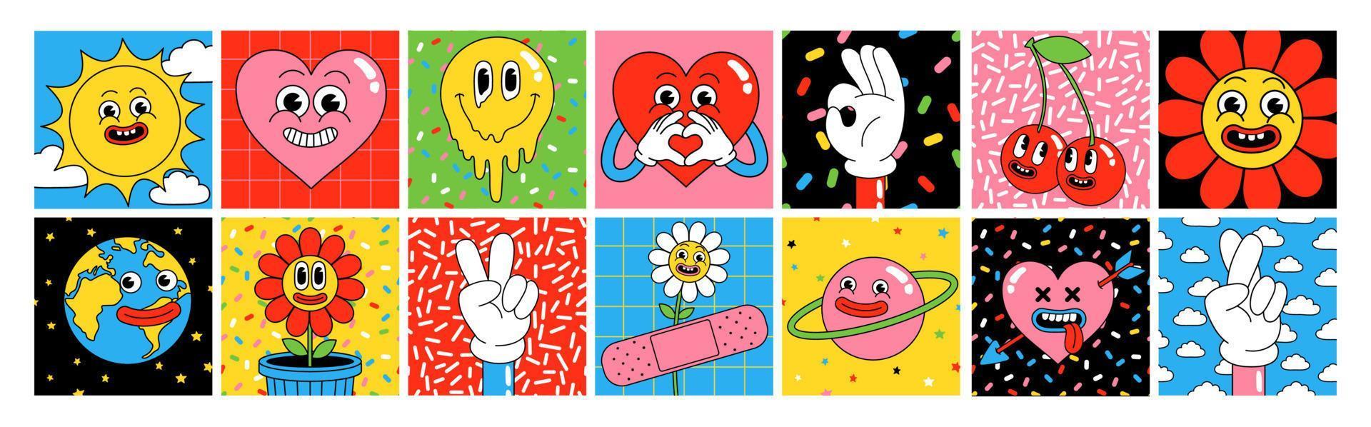 Funny cartoon characters. Square posters, sticker pack. Vector illustration of heart, patch, hands, abstract faces etc.