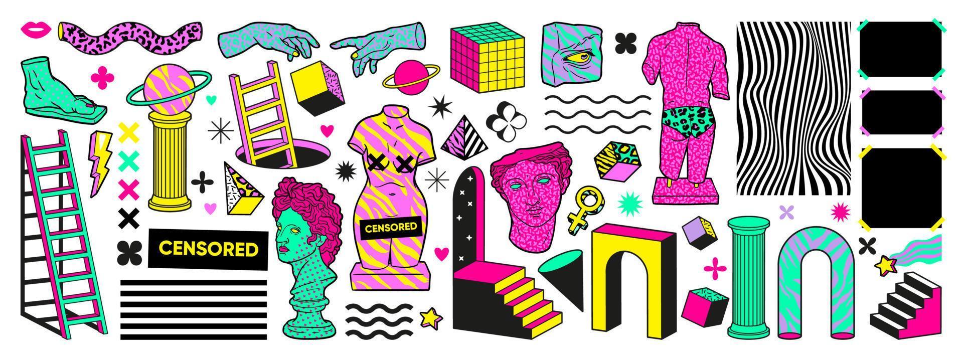 Trippy psychedelic sticker pack. Greek sculpture, geometric surreal shapes, arch, stairs in trendy acid weird style. vector