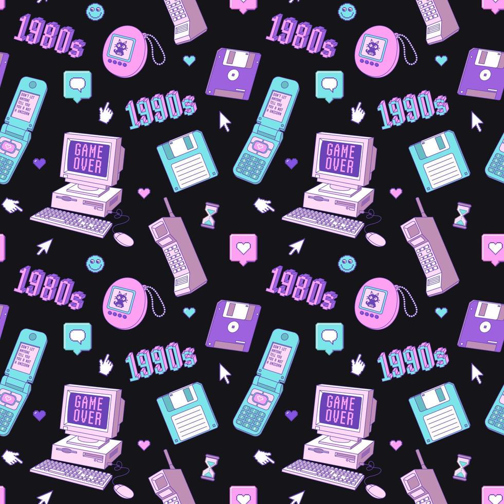 Old computer aestethic 1990s. Seamless pattern with retro pc elements and technology illustration. vector