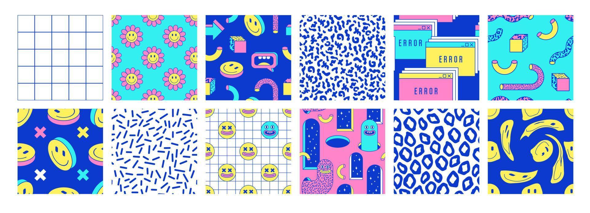 Cartoon seamless patterns with smile, arch, geometric abstract shapes in trendy psychedelic style. vector