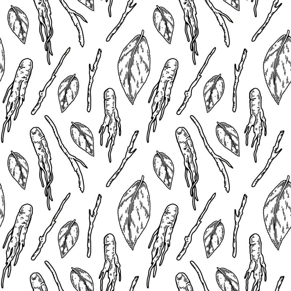 Hand drawn roots and leaves seamless pattern. Vector illustration in sketch style. Forest background. Botany design
