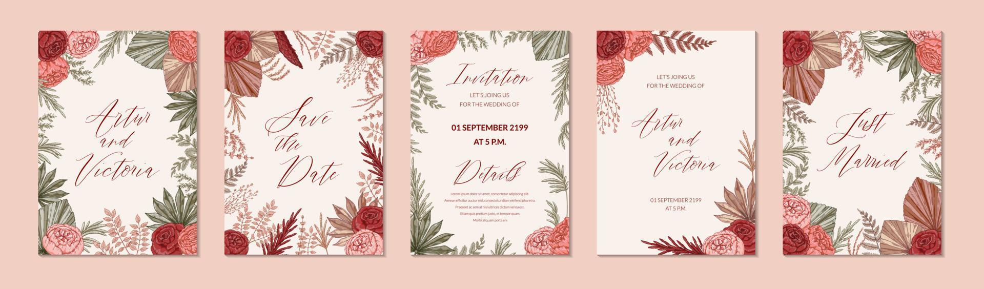 Set of modern vertical boho wedding designs for invitation, greeting cards, posters. Save the date. Hand drawn vector illustration