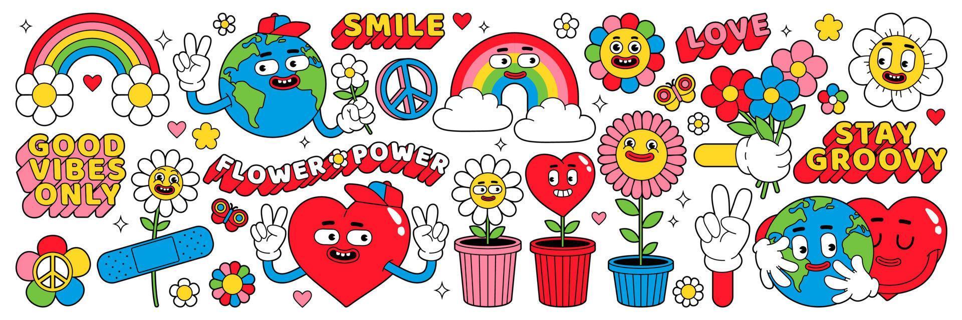 Groovy sticker pack in trendy retro cartoon style. Funny happy Earth, rainbow, heart, flower, daisy. vector