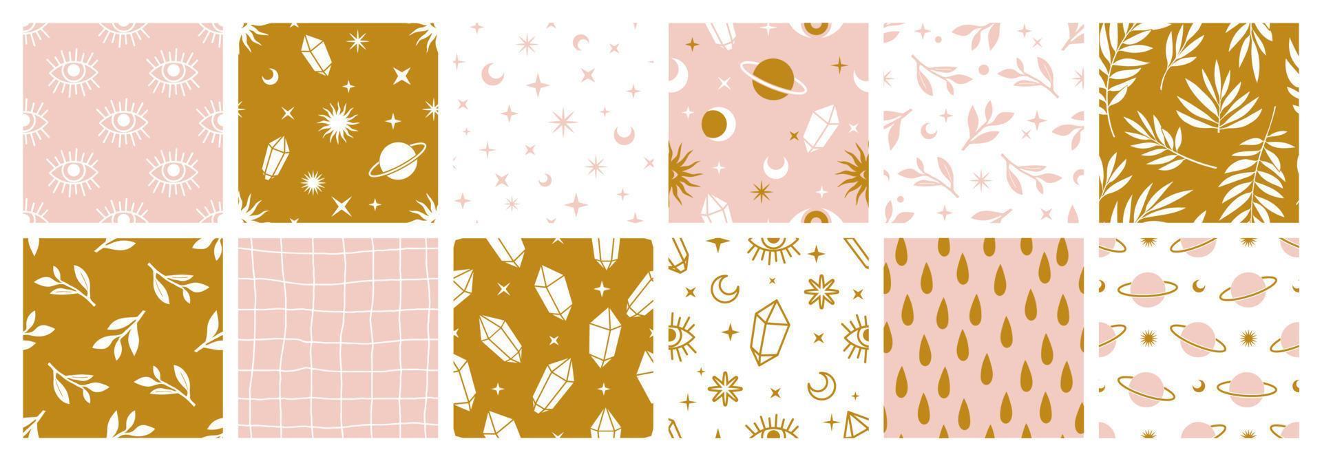 Boho celestial seamless patterns with with constellations, sun, moon, magic eyes, stars, cosmic and floral elements. vector