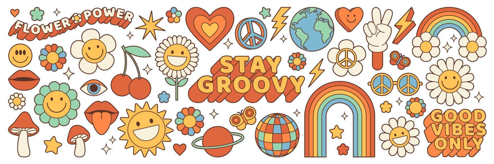 Groovy hippie 70s stickers. Funny cartoon flower, rainbow, peace, heart in retro psychedelic style. vector